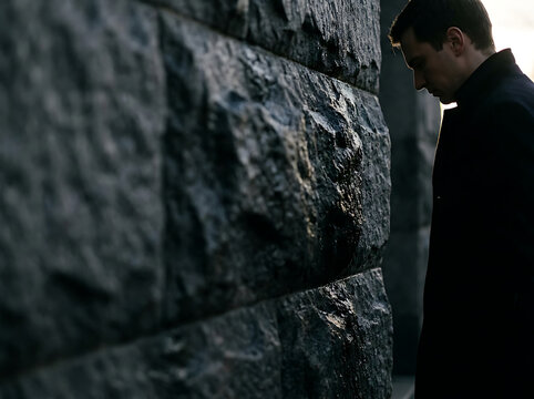 A lone man in a dark coat stands with his back to the camera, leaning against a textured stone wall, bathed in dim, atmospheric light