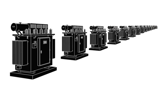 Row of electrical transformers, industrial equipment, power distribution, energy supply, heavy machinery, silhouette on a white background, technical