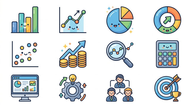 Collection of business analytics and data visualization icons.