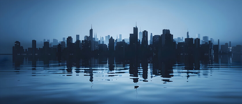 "Urban Symphony: City Silhouette Reflected in Water Showcasing Architectural Marvels Against Horizon's Embrace"