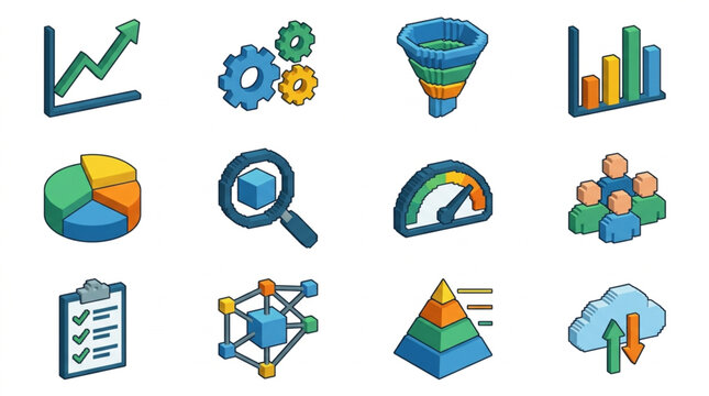 Collection of business analytics and data visualization icons.