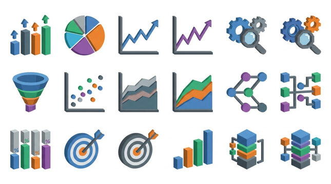 Collection of business analytics and data visualization icons.