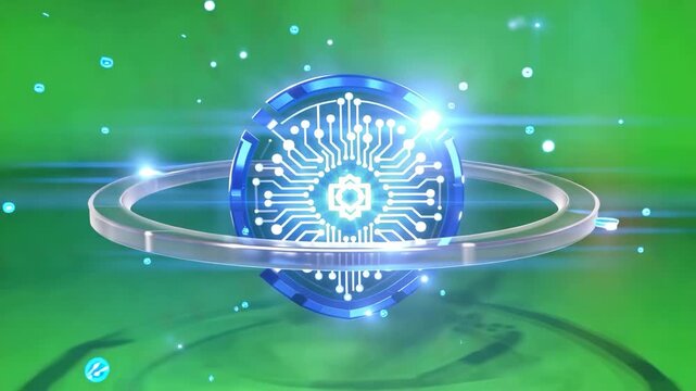 Glowing blue circuit board with silver ring on green background with particles