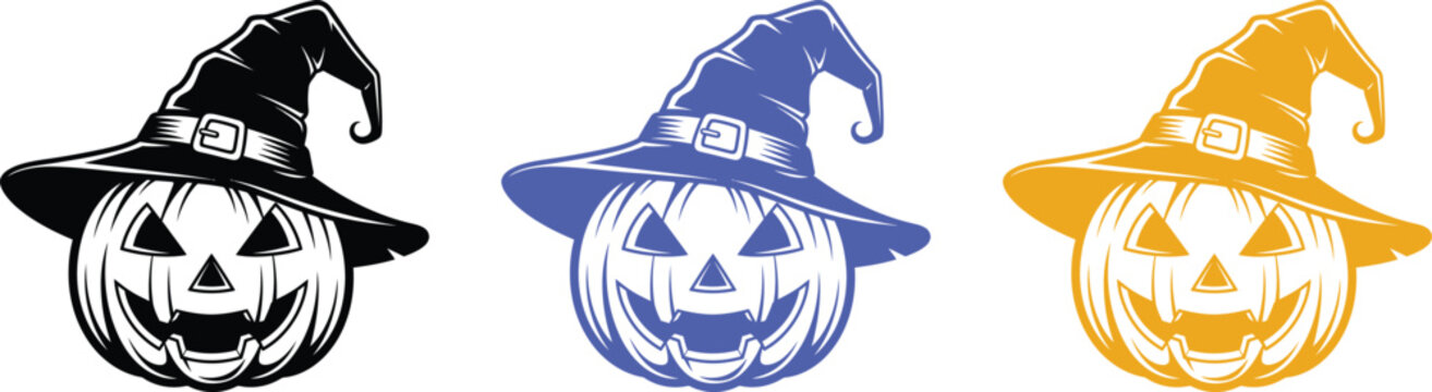 Halloween jack o' lantern with witch hat three color variations