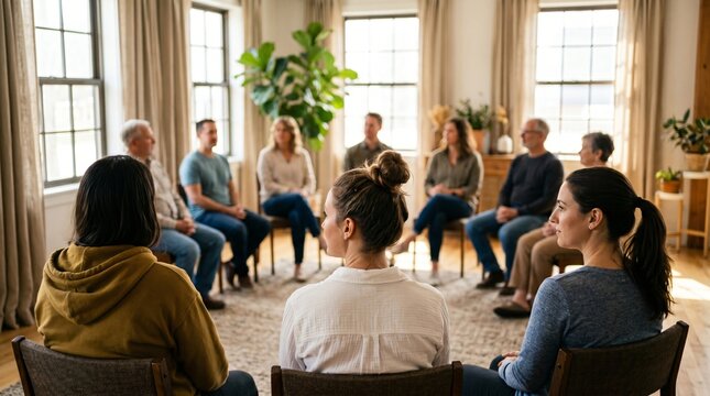 Group therapy session with a counselor discussing mental health and wellness in a bright room.