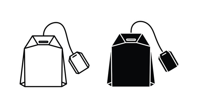 Two tea bag silhouettes with string and tag black and white illustration silhouette