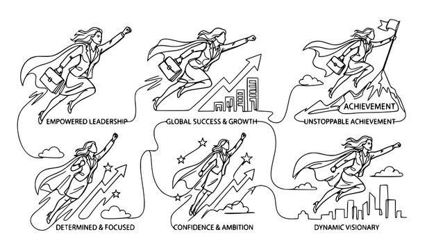 Superwoman Businesswoman Flying Empowerment Leadership Success Achievement Confidence Outline Doodle Set Vector Illustration
