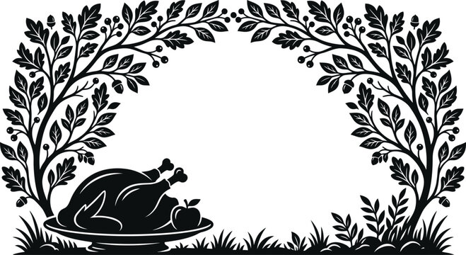 Thanksgiving turkey with foliage border black and white vector