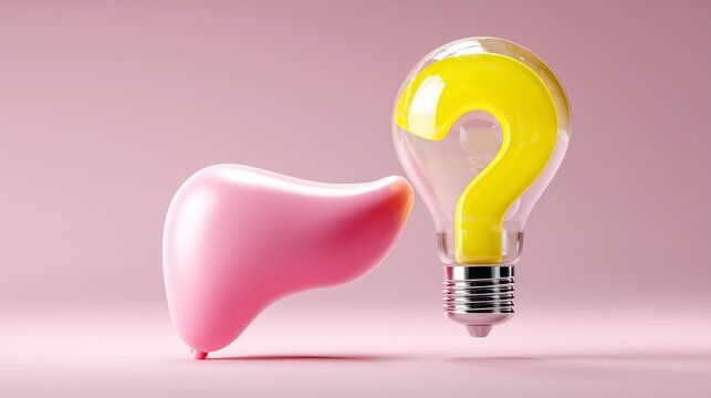 Glossy 3D stomach with floating lightbulb question mark on pink background