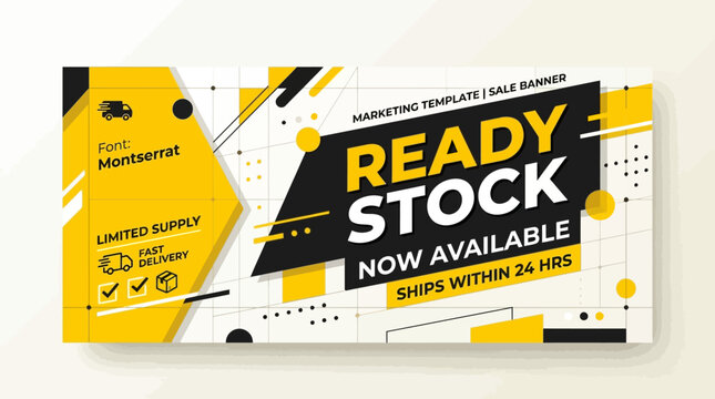 Business marketing template with ready stock announcement and shipping information now available