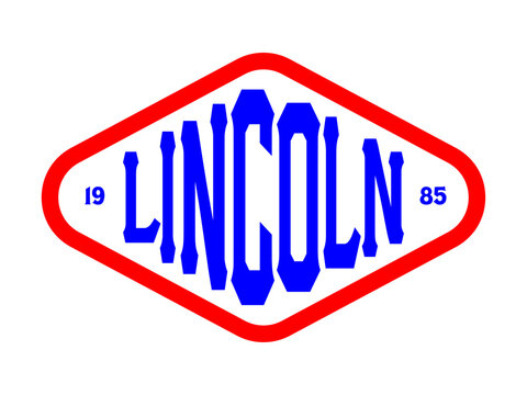 A classic retro 'LINCOLN' logo graphic with red diamond outline, blue letters, and '1985' on a white background, perfect for a vintage t-shirt design.
