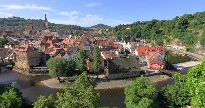 4k locked down stationary motion of the UNESCO World Heritage Site of the historic town Center of Cesky Krumlov. Situated on the banks of the Vltava river, town built 13th-century, Cesky Krumlov