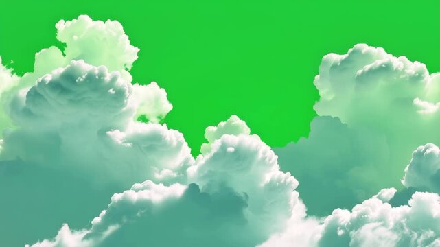 Fluffy white clouds against a vibrant green screen background for chroma key