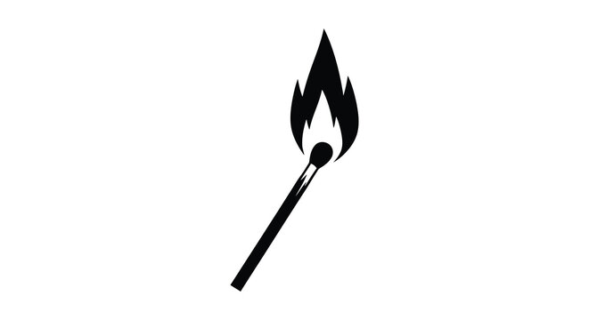 Burning match with flame black silhouette on a white background silhouette
