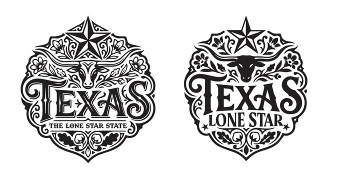 Vintage Texas emblems featuring longhorn steer heads beneath Lone Star with ornate filigree. Black and white retro badges. Perfect for t-shirts, logos, western merchandise.