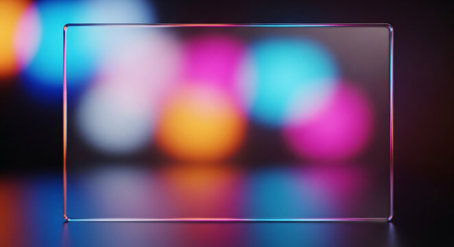 Rectangular glass object with neon illumination and blurred background