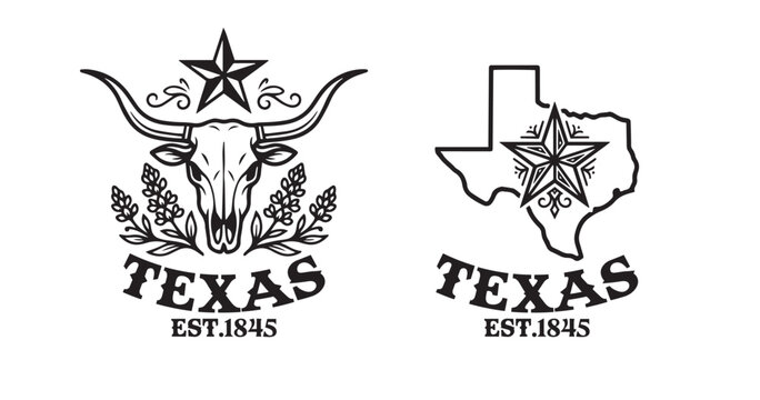 Two vintage Texas logos: longhorn skull with decorative star, state outline with ornate star. "TEXAS EST. 1845" western typography. Ideal for t-shirts, emblems, souvenirs.