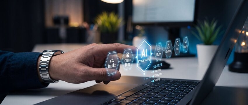 Man's hand interacting with futuristic ai processing workflow interface on laptop screen visualizing data intake cleaning model building output qa and deployment stages in a modern office setting