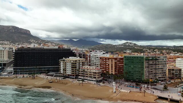 Aerial view of Calpe beach and coastal apartment buildings, Costa Blanca, Spain