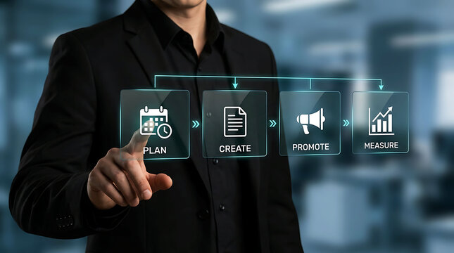 Content marketing strategy workflow with plan create promote and measure stages