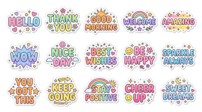 Collection of Inspirational and Motivational Hand-Drawn Style Stickers with Positive Affirmations.