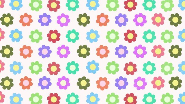 4K video collection cute pattern of colourful floral flower popped looping and rotate in form motion graphic on white background, seamless background with flowers, repeated geometric motif video