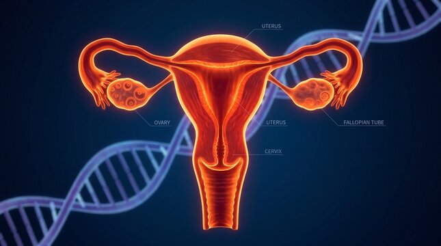 A detailed anatomical of the female reproductive system including the uterus, ovaries, and fallopian tubes with a dna strand background