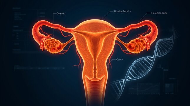 A scientific visualization of the female reproductive system with labels for the uterus, ovaries, and fallopian tubes over a dark blue background