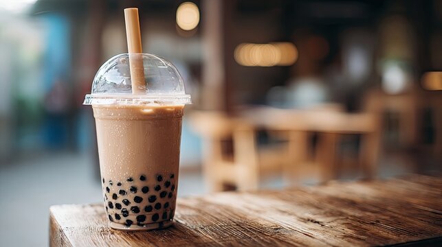 Refreshing iced milk tea with chewy tapioca pearls, served in a clear cup
