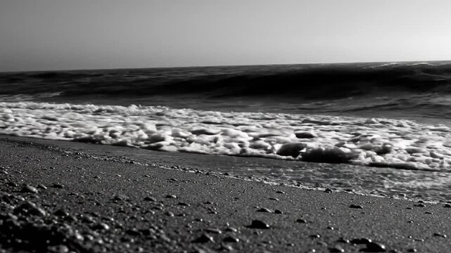 Black and White Peaceful Coastal Beach Scene with Rolling Waves and Foamy Surf Breaking on the Shore