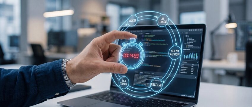 Futuristic digital workflow automation visualized with a stopwatch overlay and glowing circular diagram showing ticket triage agent assignment resolution and sla tracking on a laptop screen
