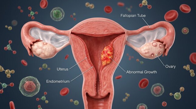 Anatomical of a human female uterus showing an abnormal growth, fallopian tubes, ovaries, and endometrium with cells