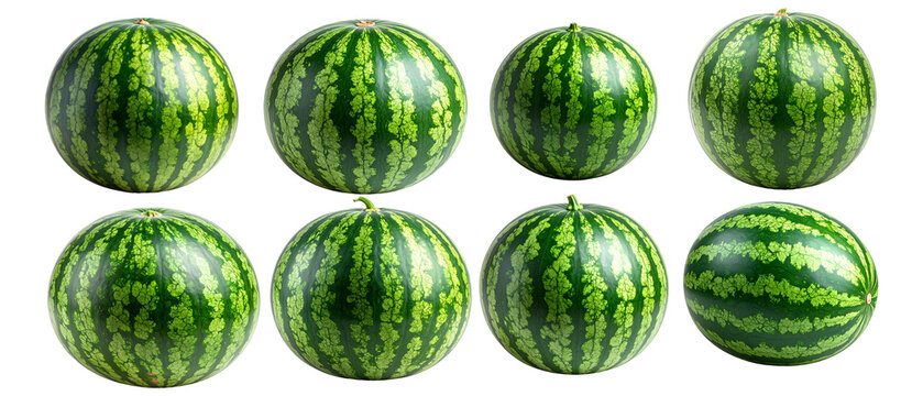 Whole Ripe Watermelon Collection Isolated on Transparent Background, Fresh Summer Fruit Set