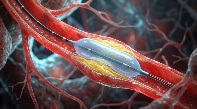 Medical visualization of an angioplasty procedure with a balloon catheter inflating inside a vessel to treat arterial plaque buildup
