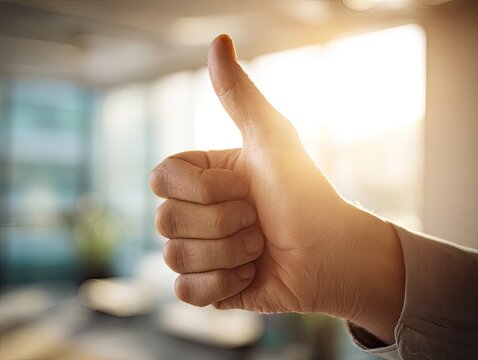 Close-up of a hand giving a thumbs-up gesture against a bright, sunlit background