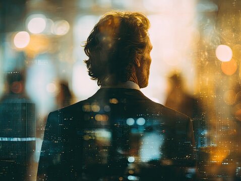 Double exposure of man in suit with city lights bokeh background