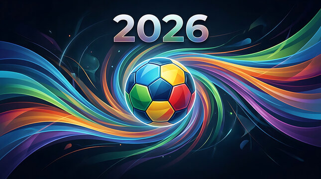 A multicolored soccer ball at the center of a swirling light vortex against a dark space background, with bold metallic "2026", HD and 4k image