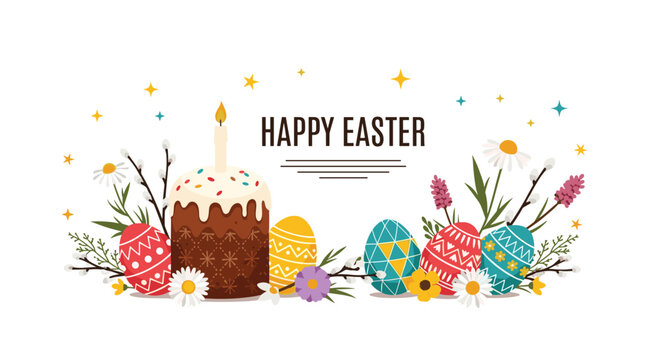 Festive Happy Easter greeting featuring a traditional tall cake with a candle, decorated eggs, and spring flowers.
