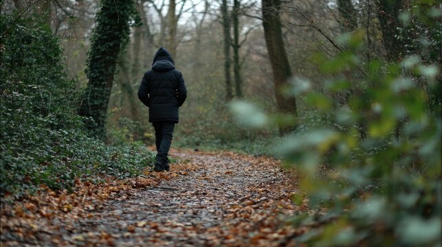 Person walks down a leaf-strewn path in a bare, autumnal forest