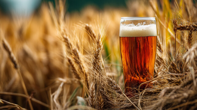 A clear glass filled with amber beer and a thick white foam head stands nestled among ripe, golden wheat stalks in a sunlit field.