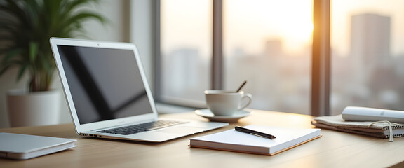 Fototapeta premium Ultra Wide Modern Workspace with Laptop Coffee Cup and Notebook by Sunlit Office Window