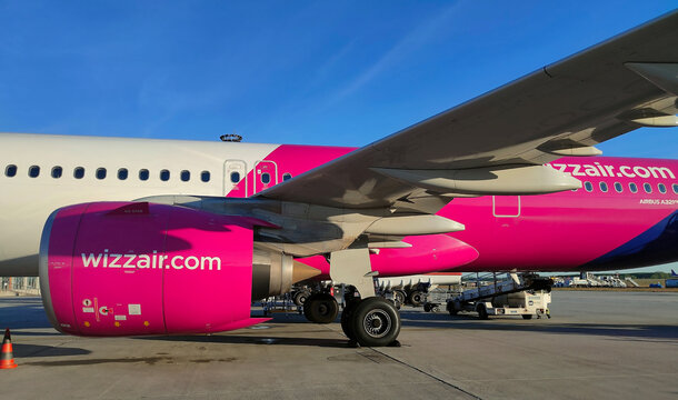 Budapest, Hungary - May 5, 2026: Airport 2B terminal at Liszt Ferenc International Airport in Budapest. Aircraft line Airbus A321neo of Wizz Air low-cost airline