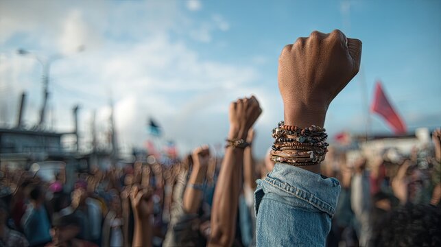 A powerful protest where many raised fists with bracelets on an arm