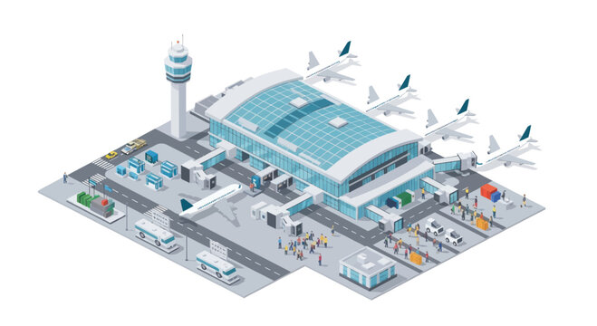 Isometric illustration of a modern airport terminal with airplanes, control tower, and passenger activity, showcasing transportation and travel infrastructure.