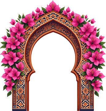 Generate a realistic a Traditional Andalusia arch, bougainvillea flowers illustration with arabesques pattern for wallpaper vector art with white background..