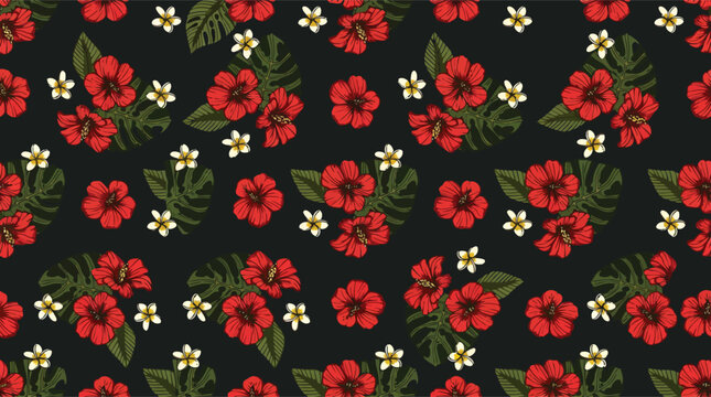 Tropical hibiscus seamless pattern vector, exotic red floral background with monstera leaves, dark botanical wallpaper for summer textile design