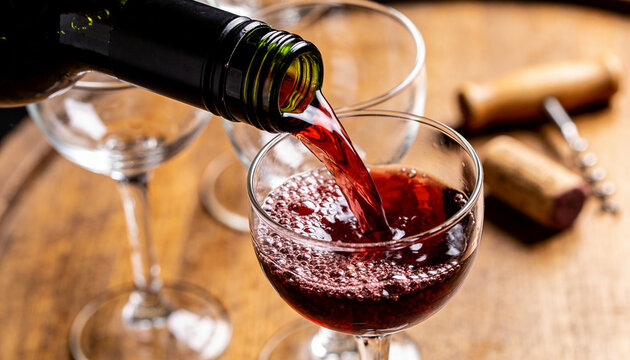 Red wine is poured from a bottle into a glass.