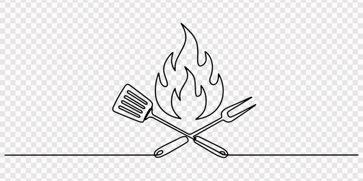 Continuous one line drawing of a bbq fork and spatula. Barbeque fork, spatula and fire isolated on a white background. Restaurant menu concept. transparent background, Set of continuous one line BBQ.