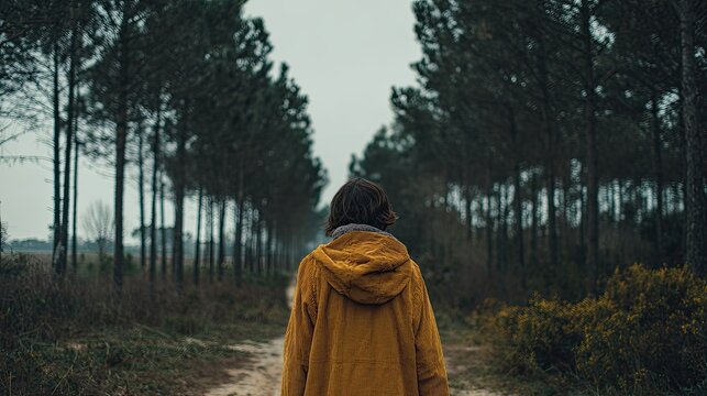 A person in a yellow coat walks down a path through a sparse, dark forest