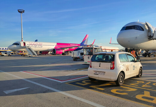 Budapest, Hungary - May 5, 2026: Airport 2B terminal at Liszt Ferenc International Airport in Budapest. Aircraft line Airbus A321neo of Wizz Air low-cost airline